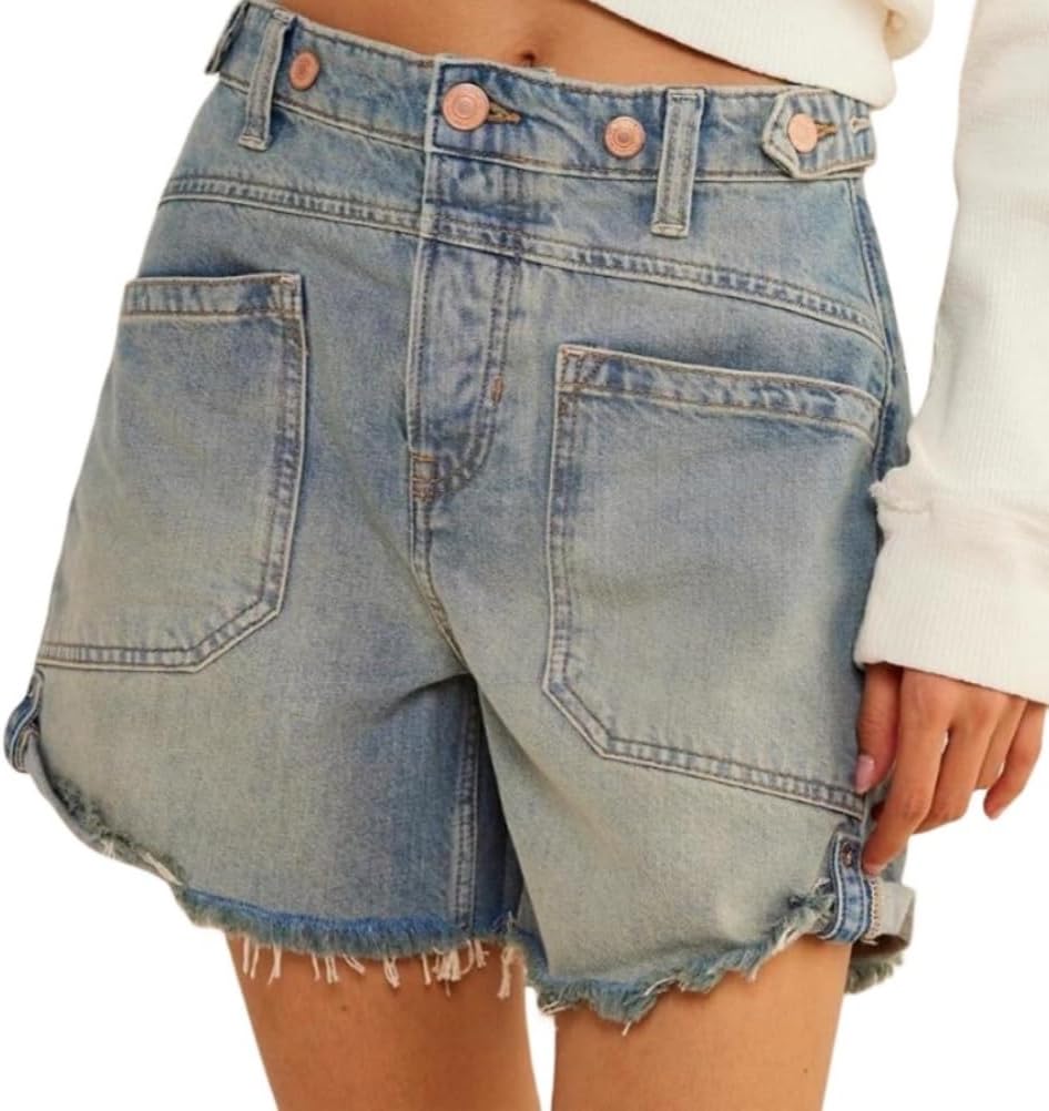 Women Mid Waist Jean Shorts Raw Hem Trendy Folded Hem Denim Short Jeans