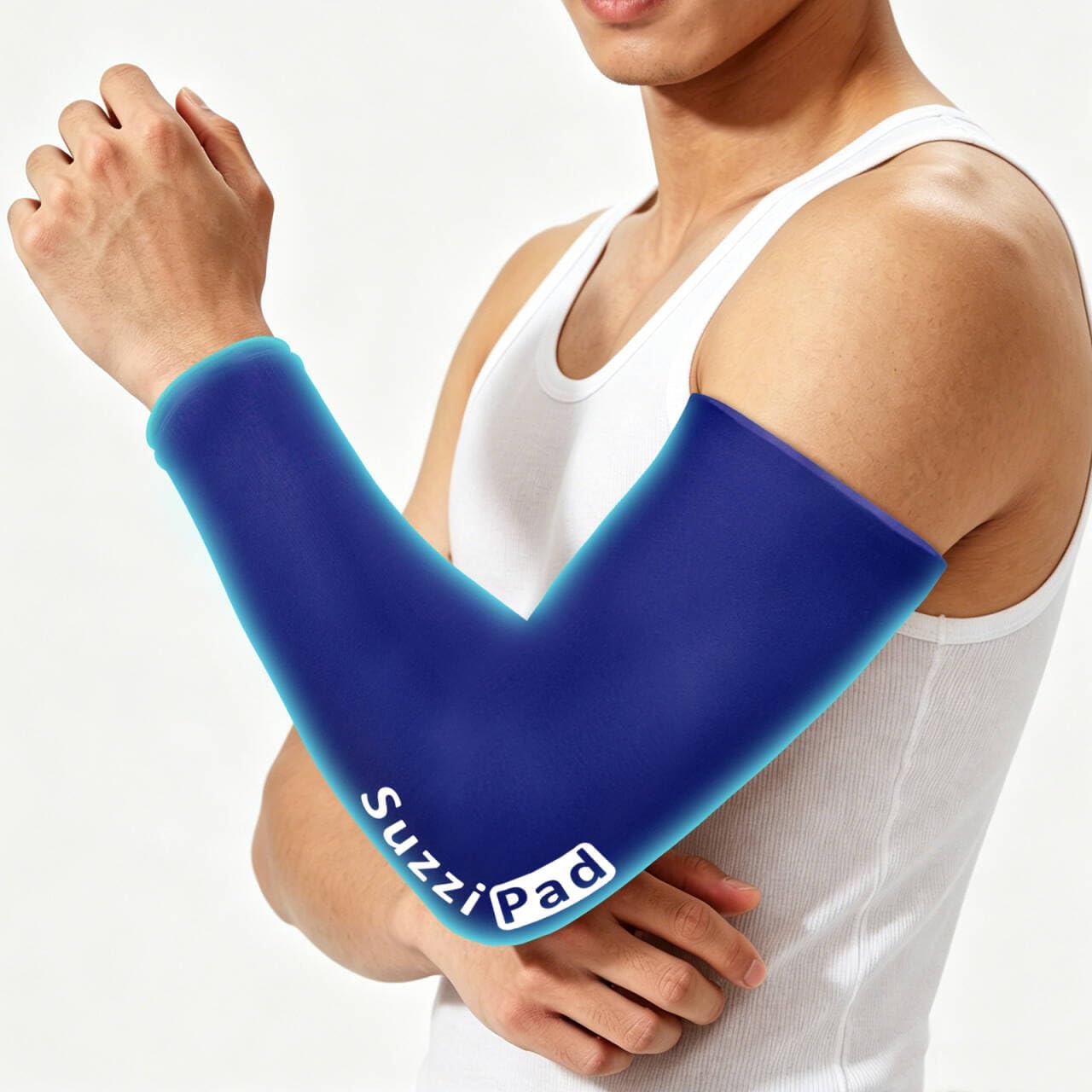 Suzzipad Extended-Length Elbow Ice Pack for Pitchers, Flexible Arm ice Pack Sleeve, 360° Reusable Gel Wrap for Upper Arm, Wrist, Shin Splint, Tendonitis and Golfers Relief, Blue, Medium