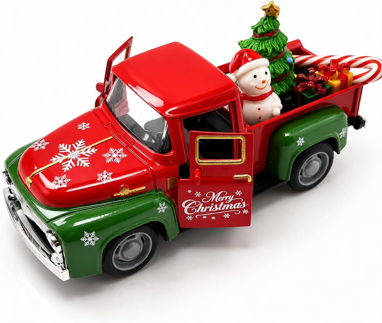 Christmas Truck Decor, 5.7 Inch Vintage Metal Pickup with Snowman and Tree