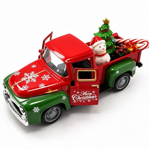 Christmas Truck Decor, 5.7 Inch Vintage Metal Pickup with Snowman