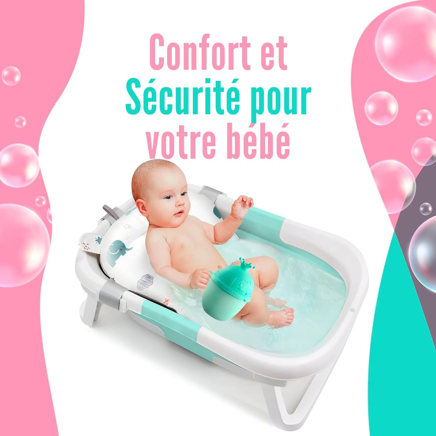 Coussin de Bain Bébé + Pichet de Bain – Coussin Baignoire Bébé Universel – Réducteur Baignoire pour Bébé – Matelas Doux & Antidérapant (Blanc)