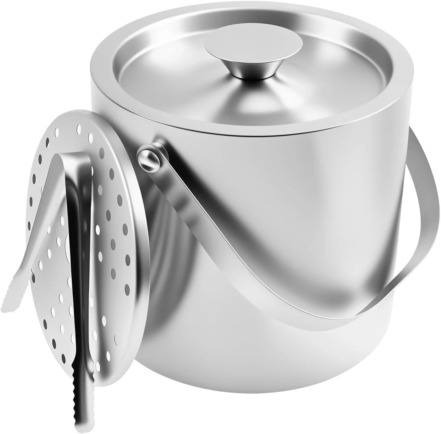 Ice Bucket With Handle 3L Double Wall Insulated Container Bin Stainless Steel Icing Cube With Clip Strainer