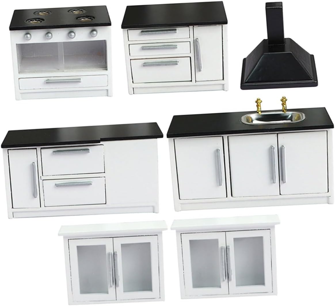Yardwe 12 Scale Mini Wooden Furniture Kitchenette Set, 7pcs White Miniature Gas Stove and Dollhouse Kitchen Accessories for Dollhouse Decor and Play