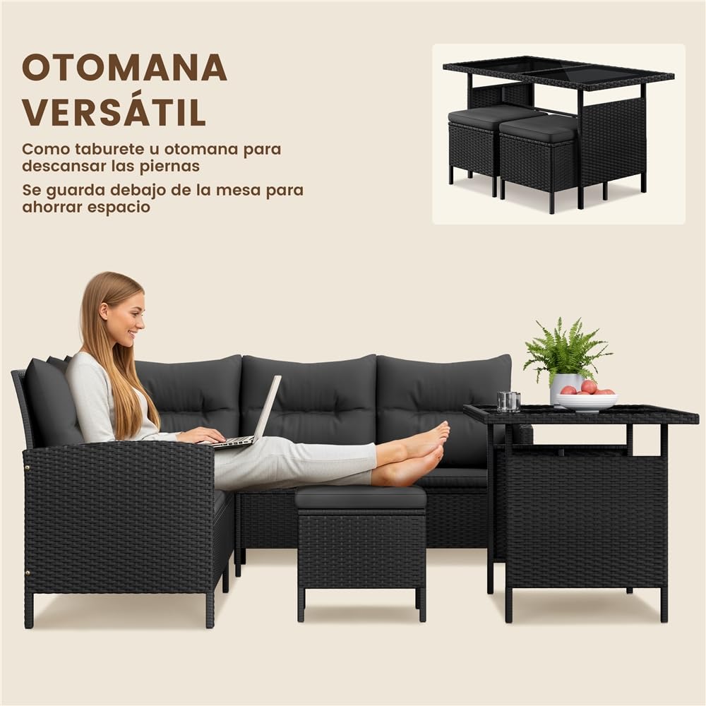 Yaheetech Juego de Muebles de Jardín 4 Piezas, Sofás de Ratán para Exterior con Mesa de Vidrio Templado Mesa y Sillas para Balcón Terraza Patio, Negro/Gris — view 7