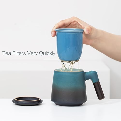 Miniatura 4 de ZENS Taza de té con infusor y tapa, mango de madera, taza de té suelta de 12 onzas, taza de cerámica mate para regalos de té, negro y azul