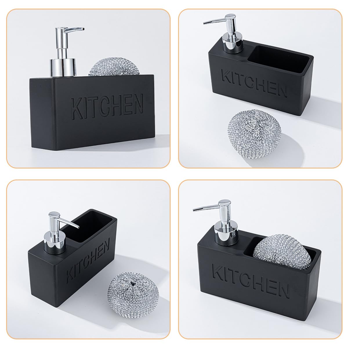 NOLITOY Distributore di Sapone per Bagno 280ml Nero con Spazzola in Acciaio, Design Semplice e Portatile, Set Ricaricabile Adatto per Cucina e Ufficio