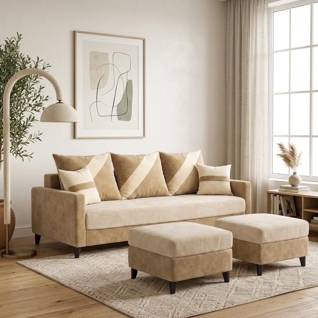 FURNY Charlotte 3 Seater Fabric Sofa Set with 2 Ottomans (Cream - Beige) with Velvet Finish | Durable Comfort | Ideal for Living Room-image-17