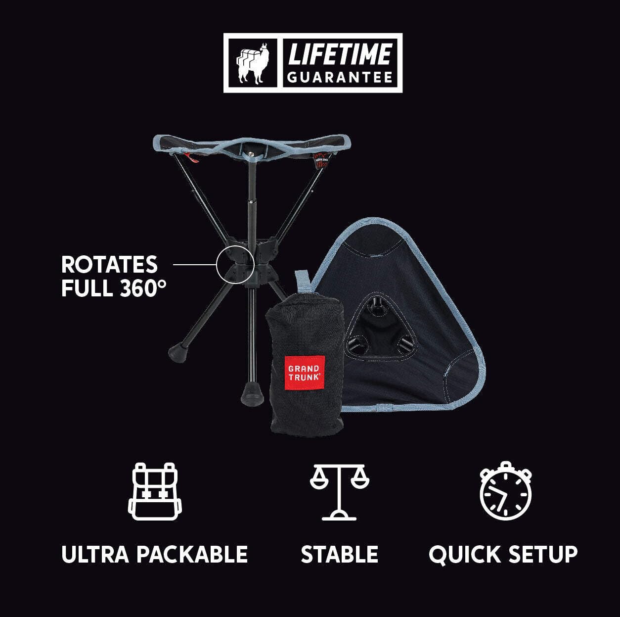 GRAND TRUNK Compass 360 UC Sgabello girevole, ultra compatto, capacità 117,9 kg, sedile portatile, per campeggio, viaggi e attività all'aperto (tempesta)