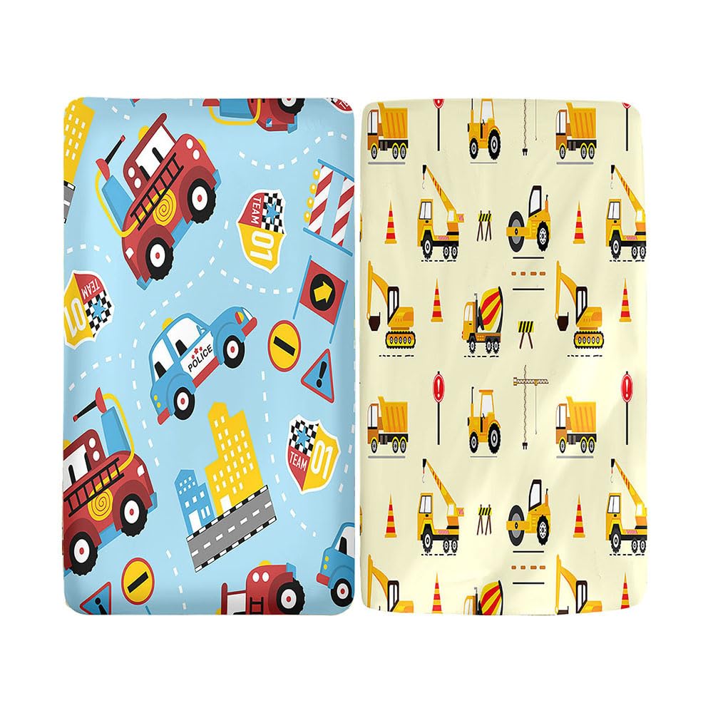 Hiseng 2pcs Microfiber Crib Sheets, Cot Bed Sheets with Cartoon Pattern Cot Fitted Sheets Bassinet Mattress, Soft and Comfortable Toddler Bed Sheets for Boys, Girls (Car and Excavator,40x80cm)