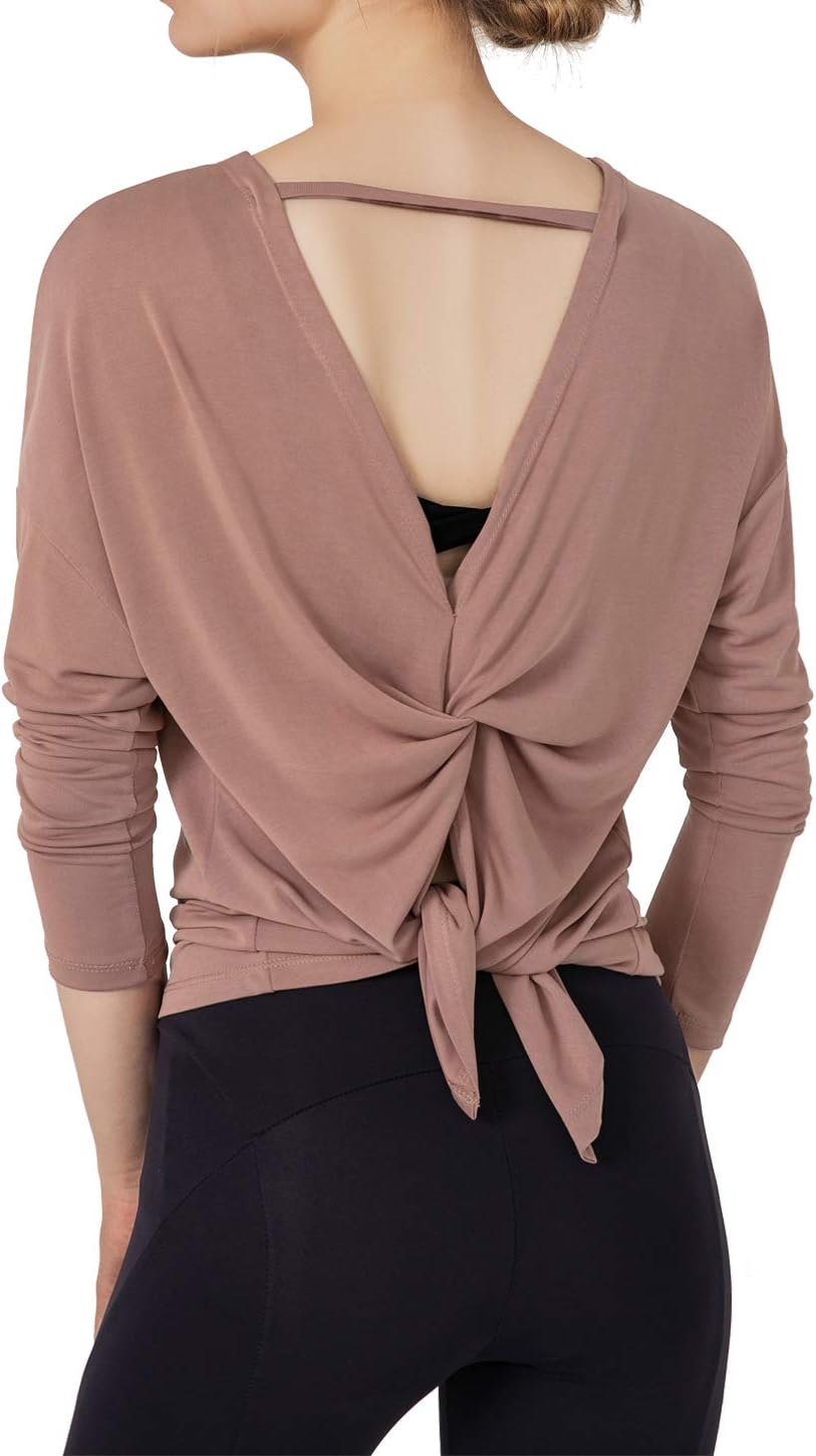 Women's Casual Long Sleeve Yoga Cover Up Tops Workout Exercise Shirts with Self-Tie Knotted Hem on Back