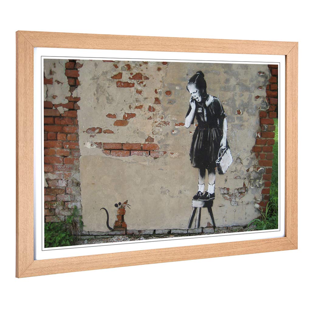 Big Box Art Framed Print of Banksy Girl & Rat Graffiti Design | Wall Art Picture | Home Decor for Kitchen, Living Room, Bedroom, Hallway, Oak, A2 / 24.5x18 Inch / 62x45cm