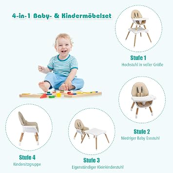 COSTWAY 4-in-1 Baby High Chair Dining Chair Children's Chair & Children's Seating Set Height Adjustable Baby Chair Combination High Chair with Safety Belt and Removable Tray (Khaki)