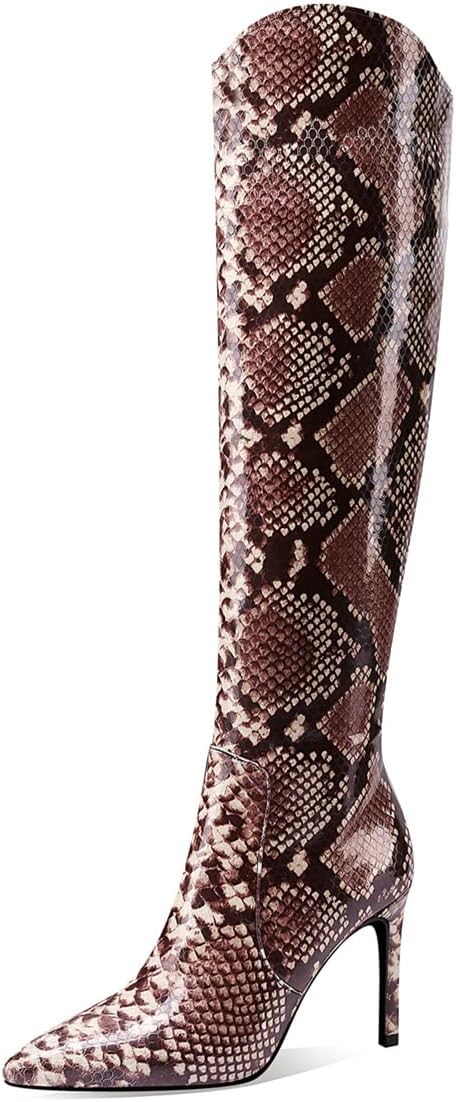 JANSEVEN Snakeskin Knee High Boots for Women Snake Skin Tall Boot with Stiletto High Heel Python Print Pointed Toe Fashion Boots Side Zipper