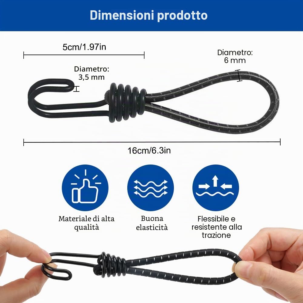 10 Pezzi Corda Elastica con Doppio Gancio,16 cm Elastici Cinghie di Fissaggio per Telone, Tenditori per Teloni con Ganci, Corde Elastiche con Gancio Tenditori, Ganci Elastici per Tende Manifesti Nette