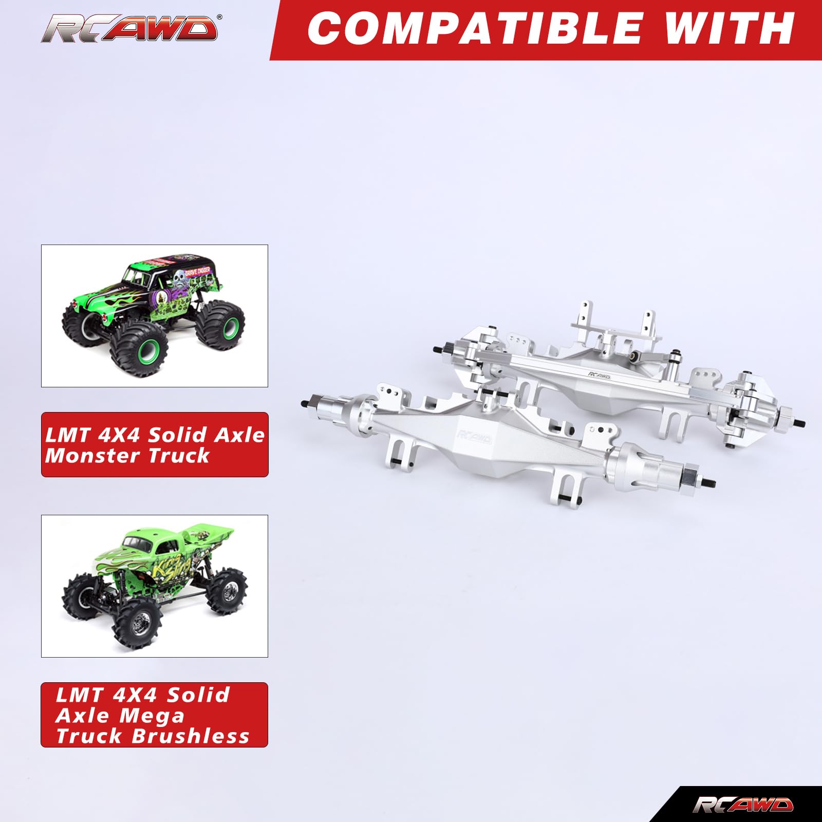 RCAWD 7075 LMT Front & Rear Axle Set, 90% More Durable Housing with 40CrMo Gears & Metal Differential Upgrades Parts for Losi 1/8 Solid Axle #LOS242031#LOS242030