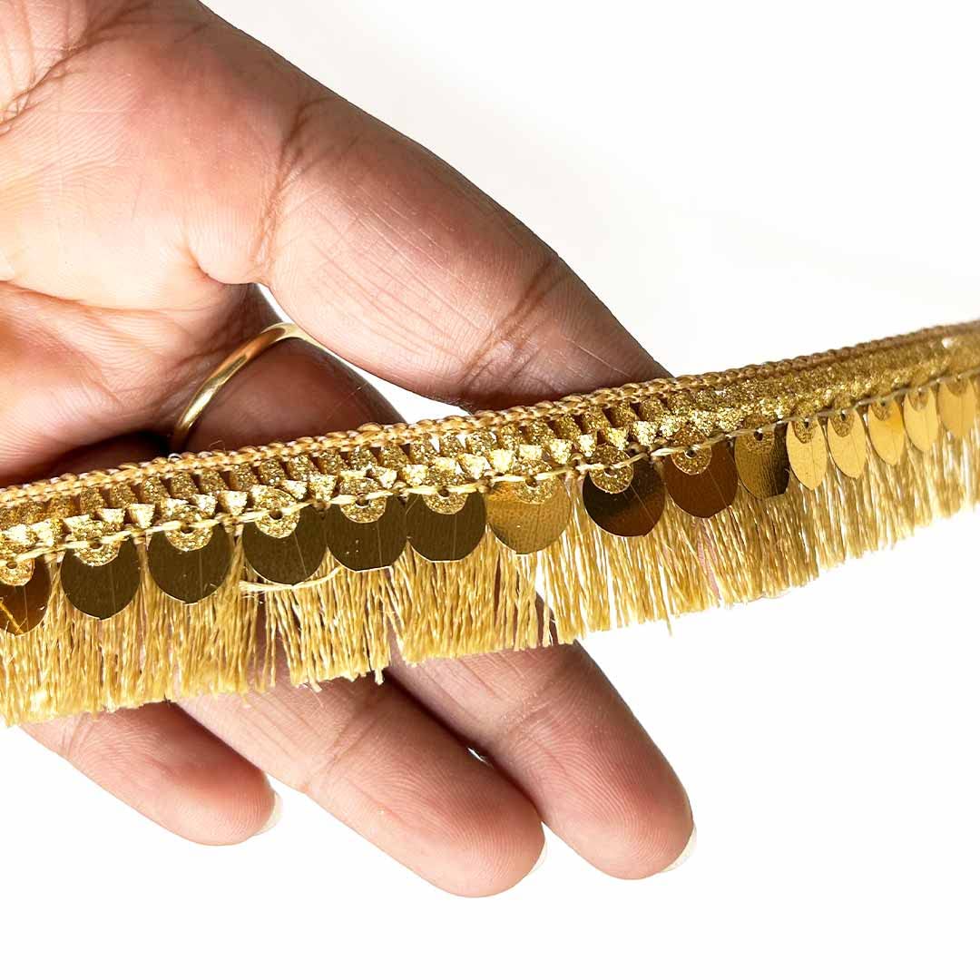 Craft Shop India Silk or Zari Thread Tassel Fringe Sequenced Lace & Border, 9 Meters, for Saree, Dupatta, Lehenga, Suit, Blouse & Home Furnishing, Crafting DIY (Beige)
