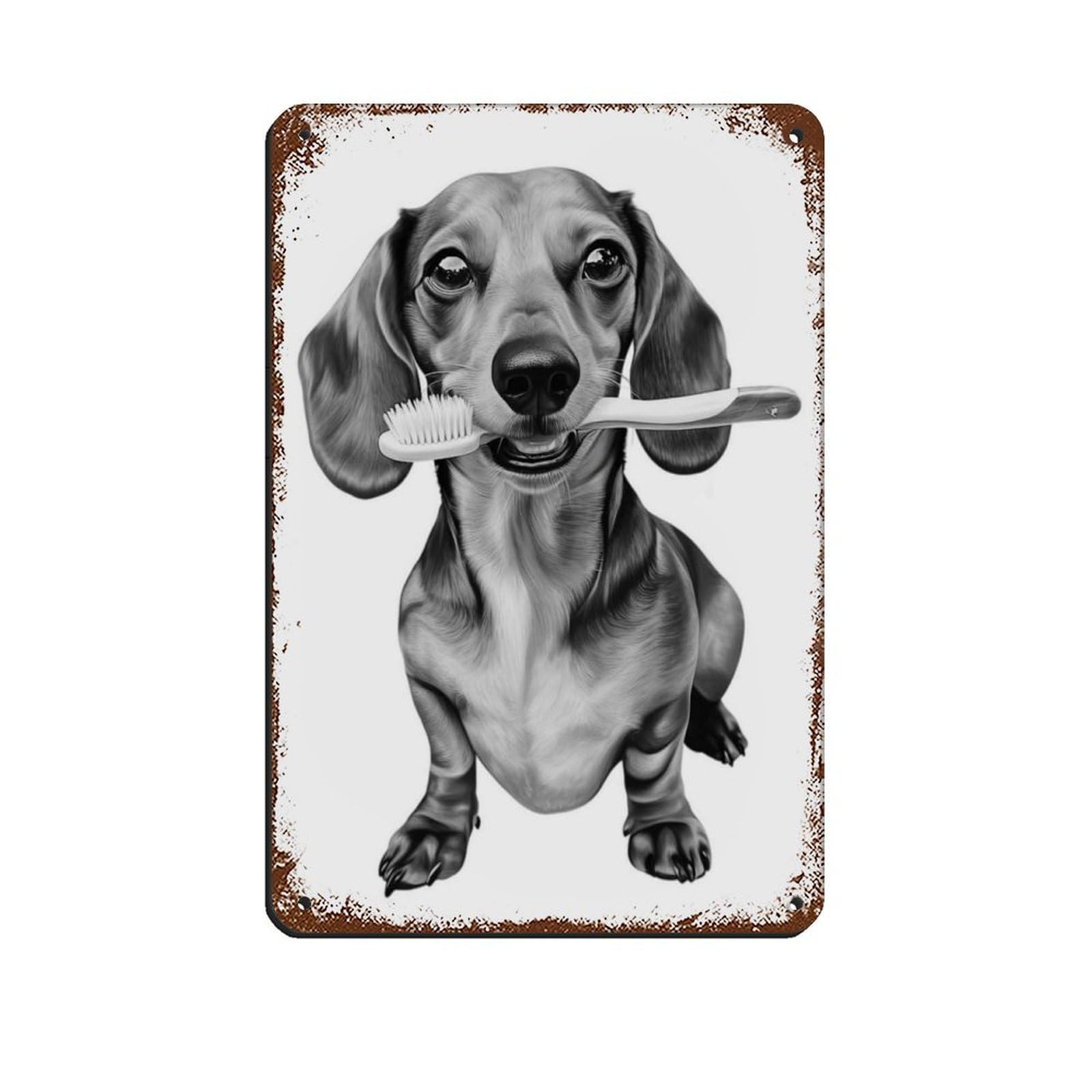 Dachshund Dog Bathroom Art Brushing Teeth Retro Poster Metal Tin Sign Chic Art Retro Iron Painting Bar People Cave Cafe Family Garage Poster Wall Decoration 8x12inch(20x30cm)