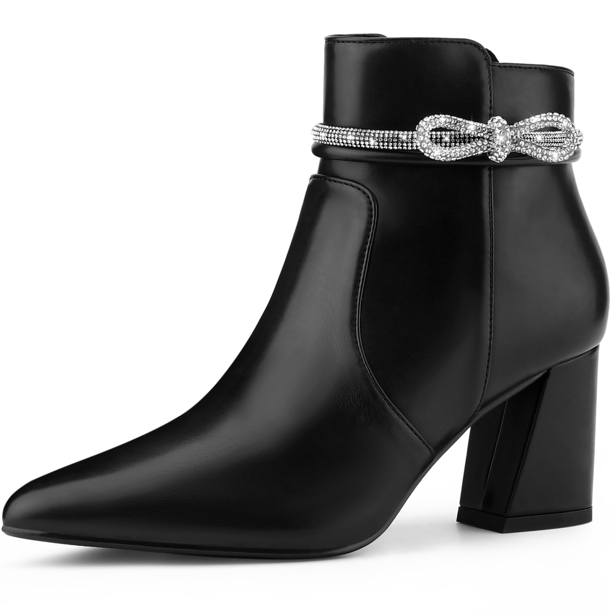 Perphy Rhinestone Bow Pointed Toe Chunky Heel Ankle Boots for Women