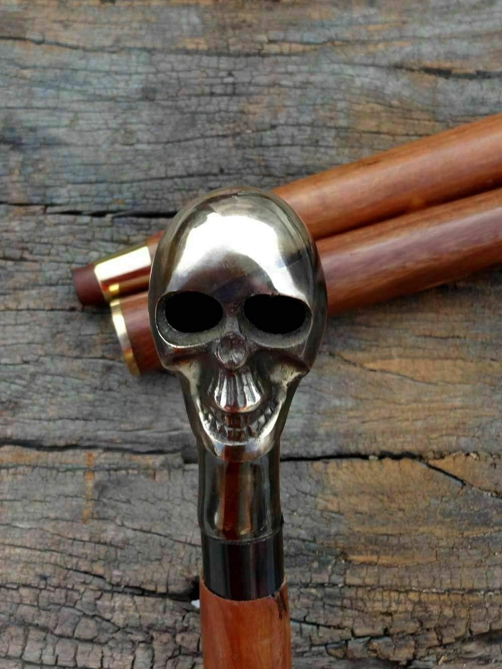 Bastone da passeggio in legno a forma di teschio in ottone anticato, con manico in ottone e canna in legno, unisex, articolo regalo in 3 posizioni