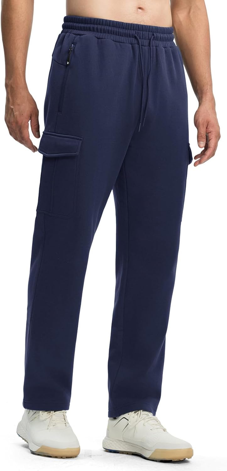 TBMPOY Men's Fleece Lined Sweatpants Winter Straight Leg Open Bottom Warm Cargo Pockets Cotton Running Lounge