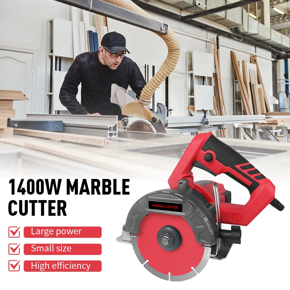 Hancaner Sierra de piedra seca, 1400 W, incl. Ø 110 mm, disco de corte muy resistente, corte de fase de 12800 rev/min y 0-45 grados de mármol, azulejos, cerámica, madera, PVC