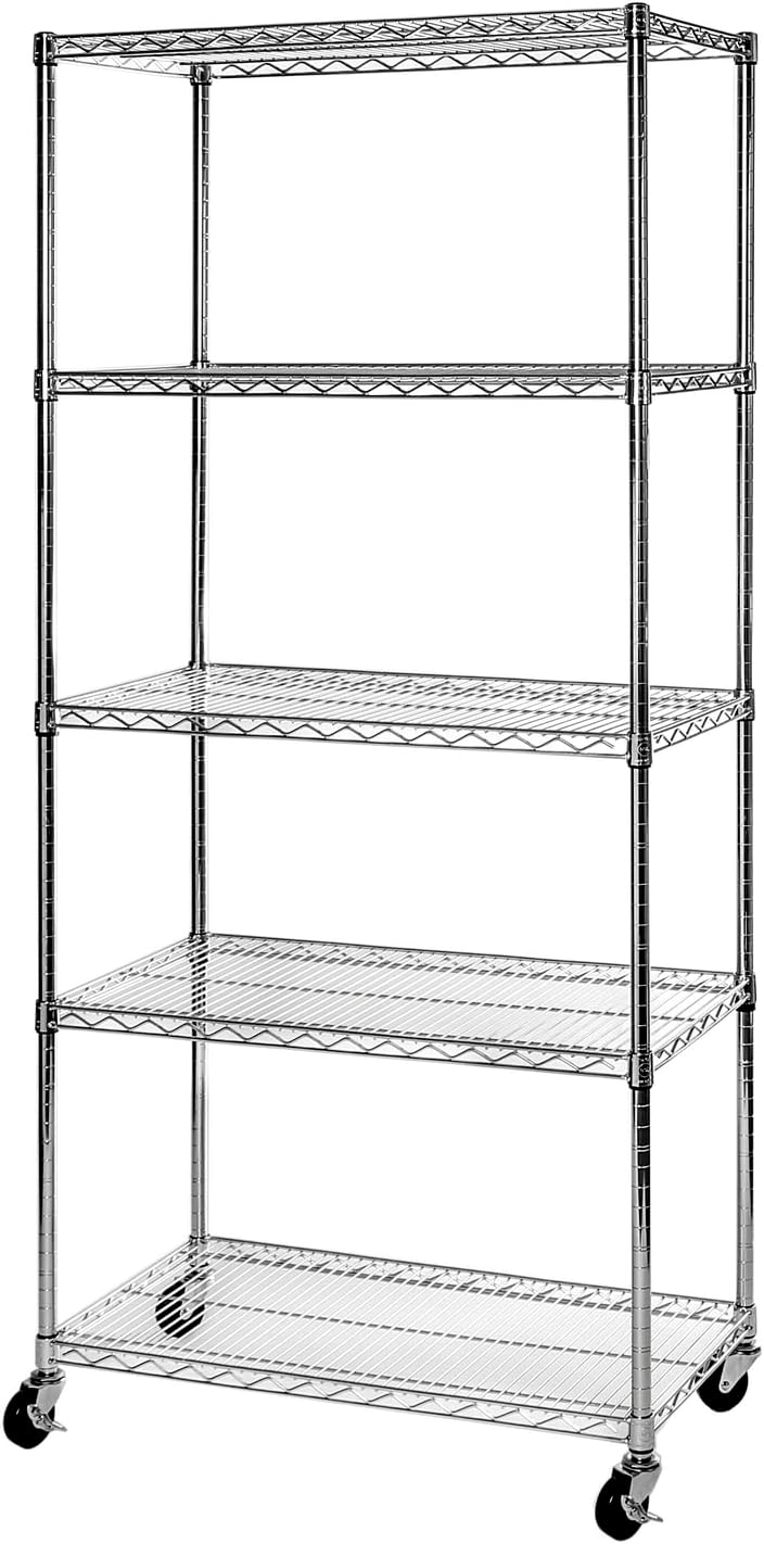 UltraDurable Commercial-Grade 5-Tier Steel Wire Shelving with Wheels, 36" W x 18" D x 72" H, Steel
