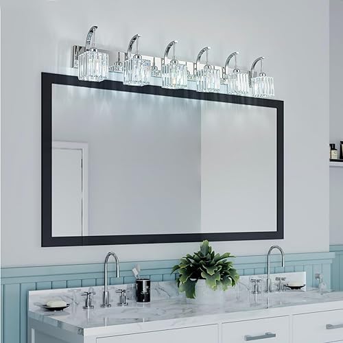 Miniatura 6 de Luces de tocador de cristal cromadas de 6 luces, modernas lámparas de baño de cristal sobre el espejo de 51.18 pulgadas de largo para baño
