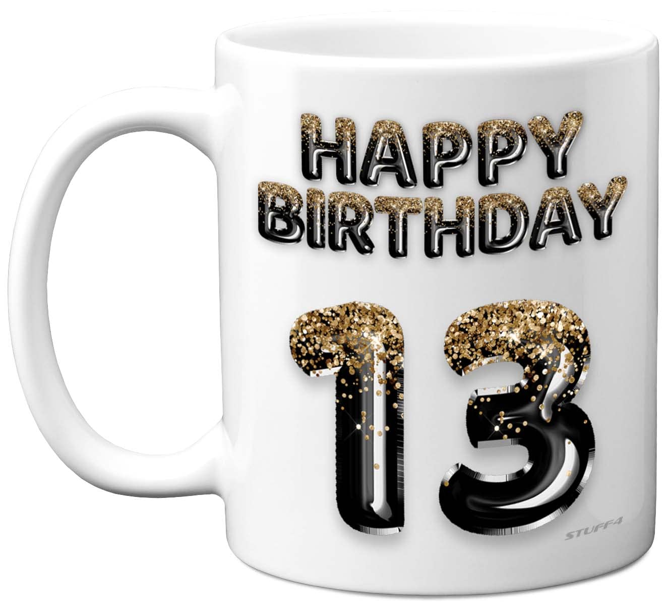 13th Birthday Gift for Boys - Black Gold Glitter Balloons - Happy Birthday Mug Present for 13 Year Old Son Brother Grandson Cousin Friend, 11oz Ceramic Dishwasher Safe Coffee Mugs Cup