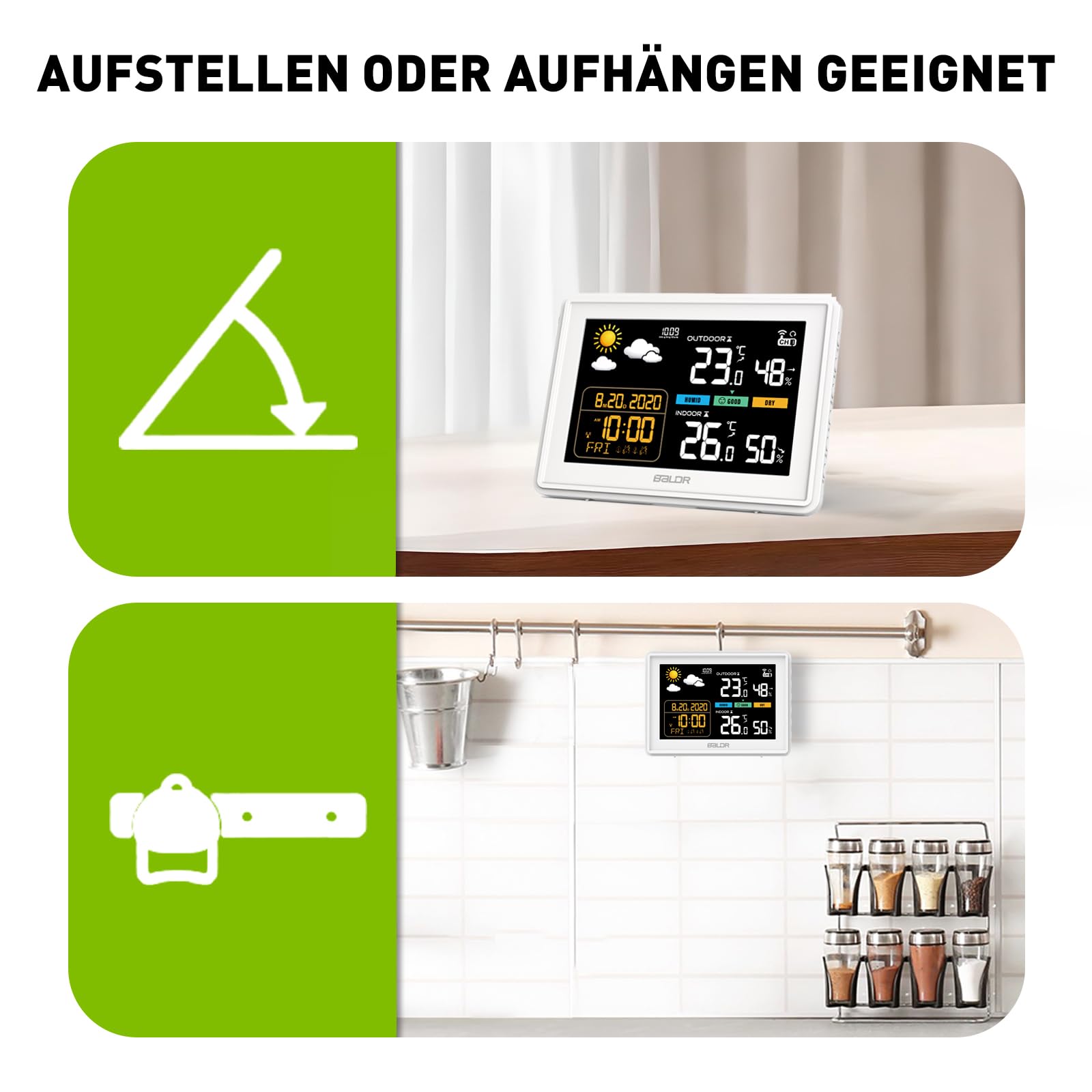 Konsen Wetterstation funk mit Außensensor DCF Funkuhr, Farbdisplay mit großen Zahlen von Innen und Außentemperatur, dauerhafte Beleuchtung, Wettervorhersage, Luftdurckanzeige