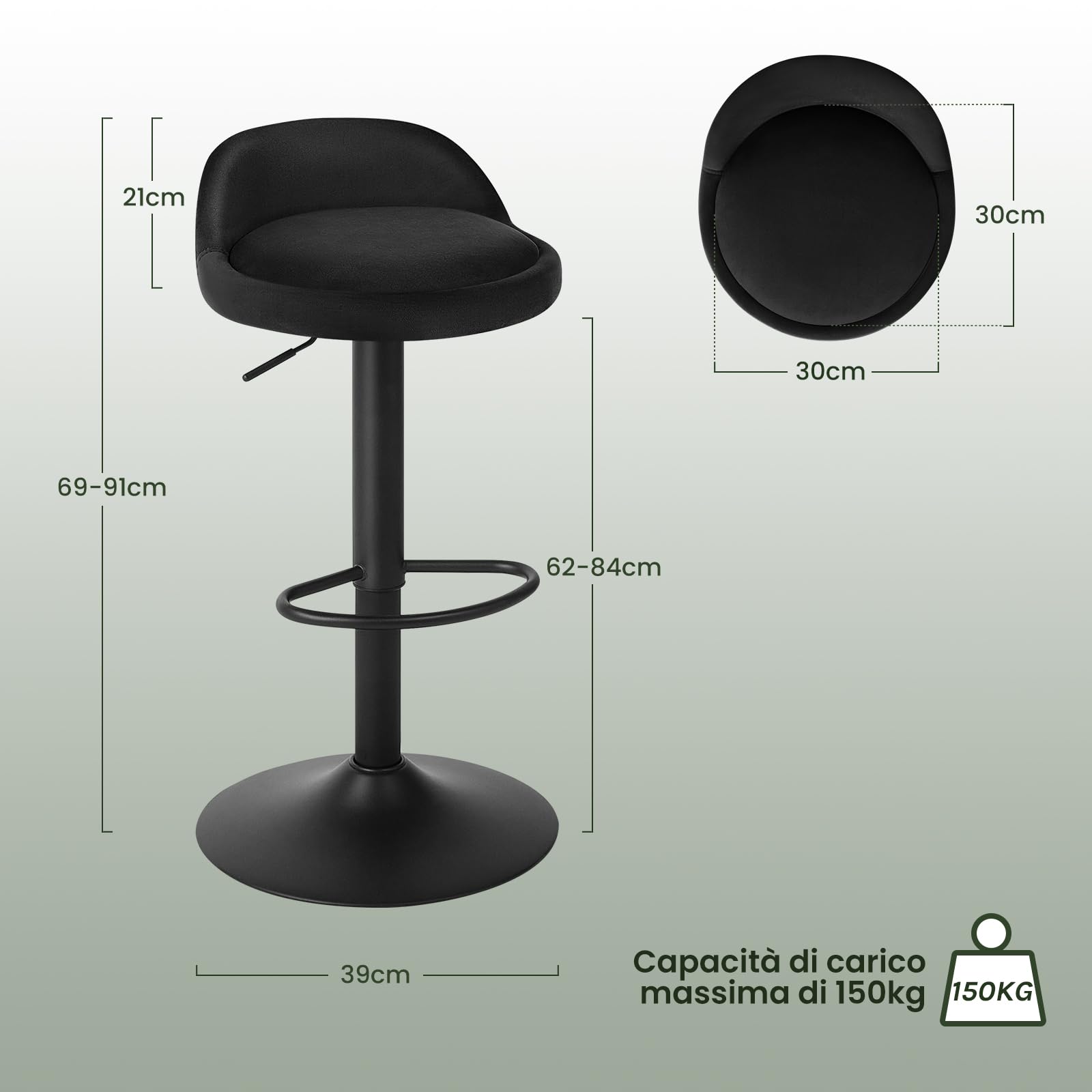 EUGAD Sgabelli da Cucina in Velluto con Poggiapiedi Sgabelli da Bar Moderni per Bancone Penisola Sedie Alte Girevoli Altezza Seduta Regolabile 62-84cm, Nero 2 Pezzi 0824BY-2