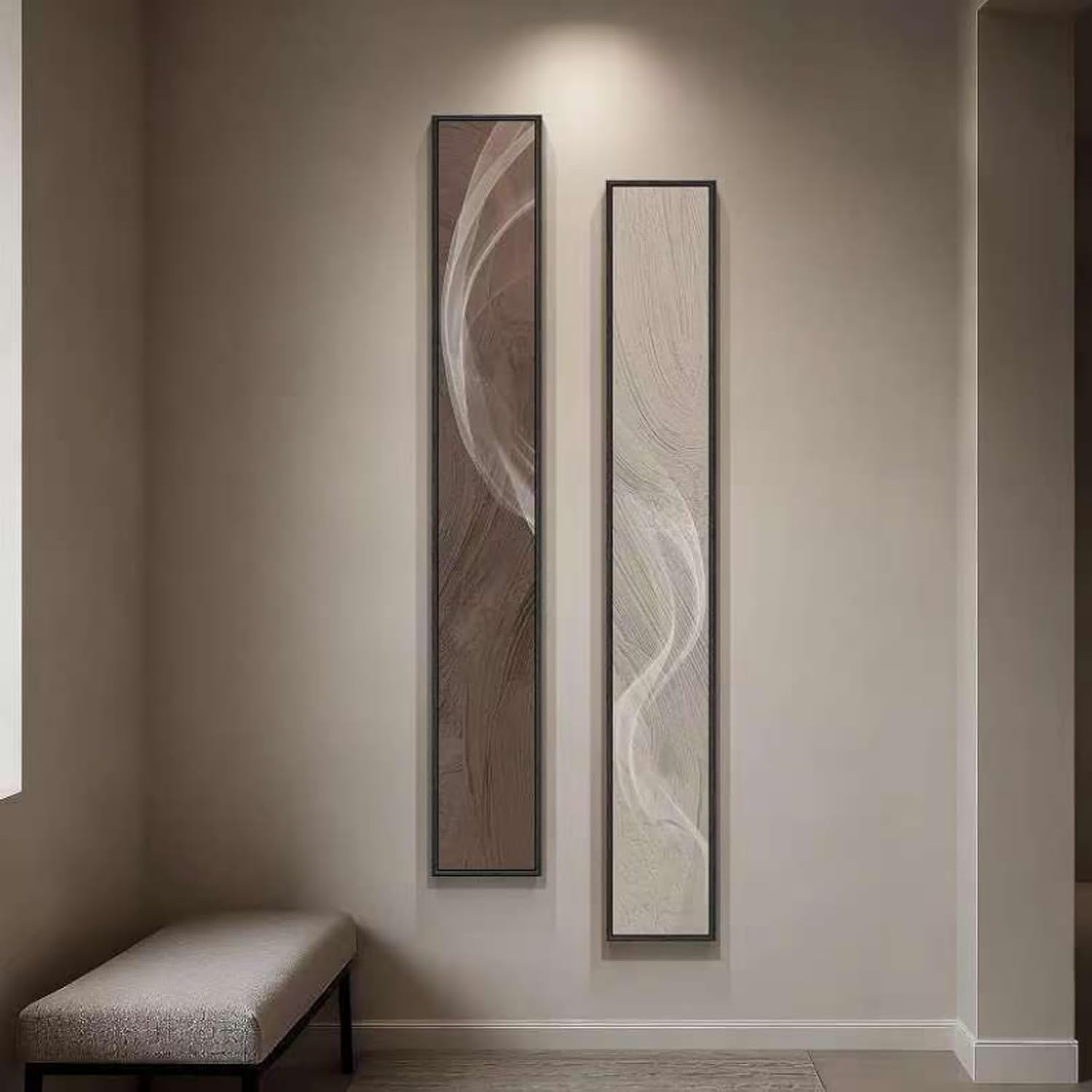 AMAATE Vertical Stripes Decorative Painting Two Piece Black Aluminum Frame Glossy Finish Waterproof Abstract Art Wall Picture (Black & White, 6" x 47")