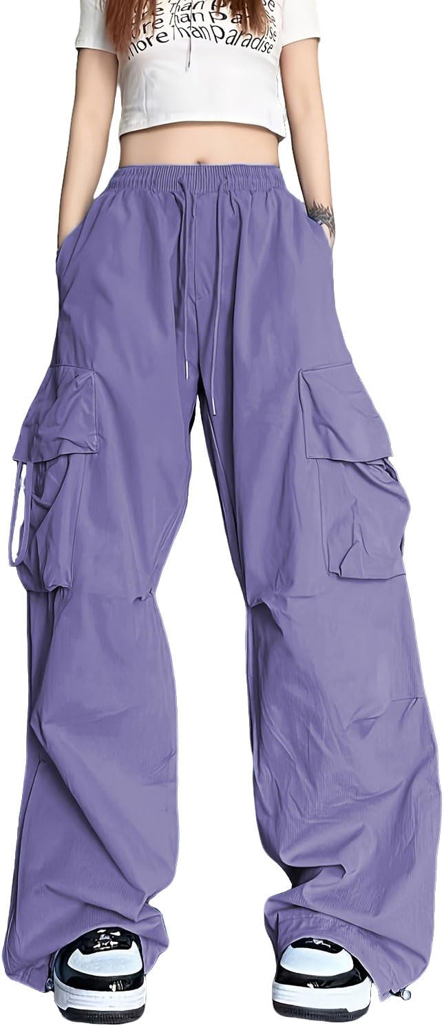 Baggy Parachute Pants for Womens Wide Leg Cargo Pants Y2k with Pockets Boyfriend Harajuku Streetwear Goth