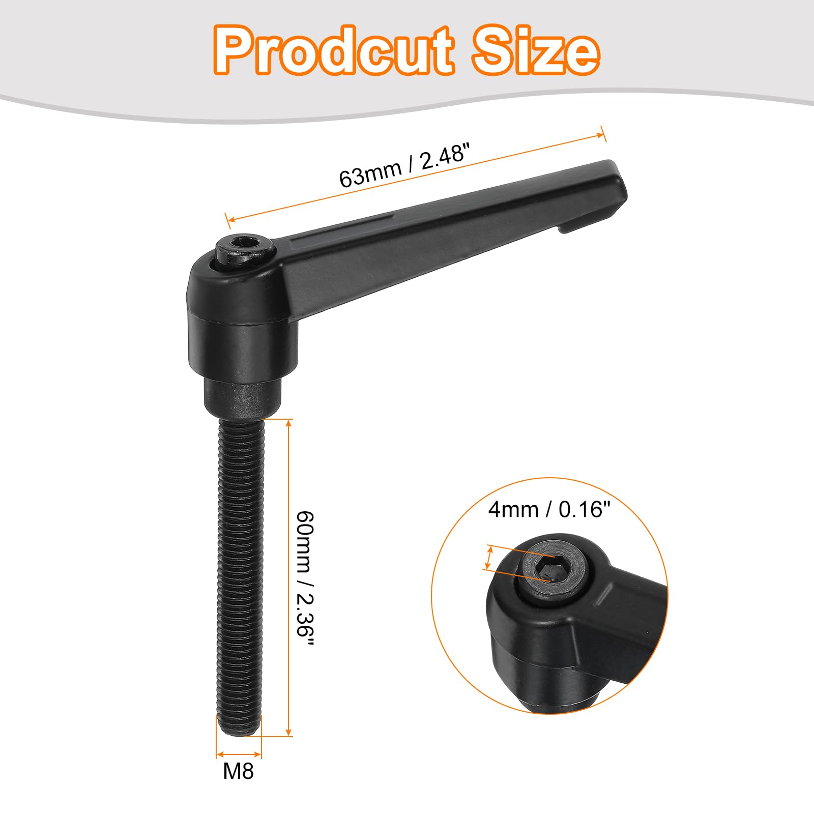 Kipp KHD-50 Threaded-Stud Zinc Adjustable Handle 65mm Long, M8 x 1.25 x 35 thd.