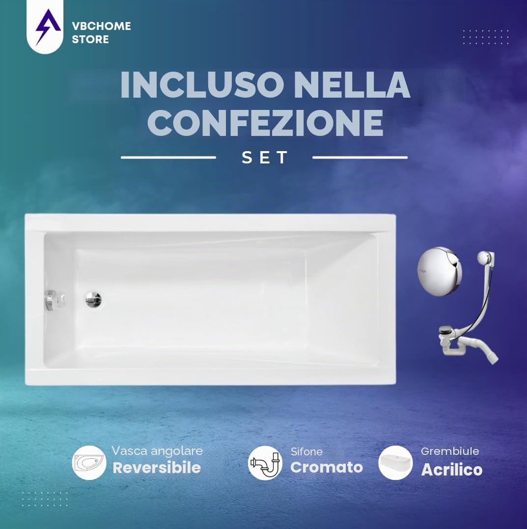 VBChome Vasca da bagno in acrilico, 130 x 70 cm, set di grembiule, sifone in acrilico, rettangolare, colore bianco, design moderno, piedini per vasca da bagno, scarico cromato
