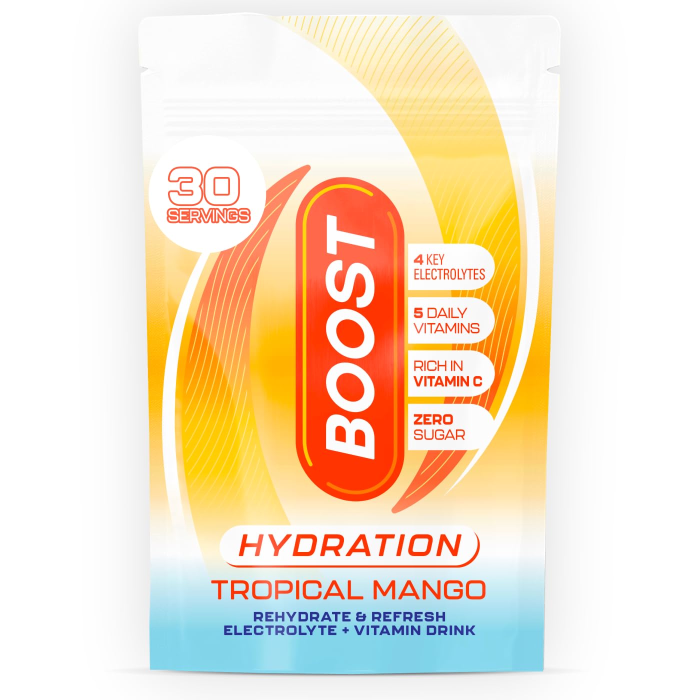 Boost Hydration Electrolytes Powder - Tropical Mango Flavour - 30x Serving Pouch - Sugar Free Electrolytes Drink Powder for Rehydration - Vegan