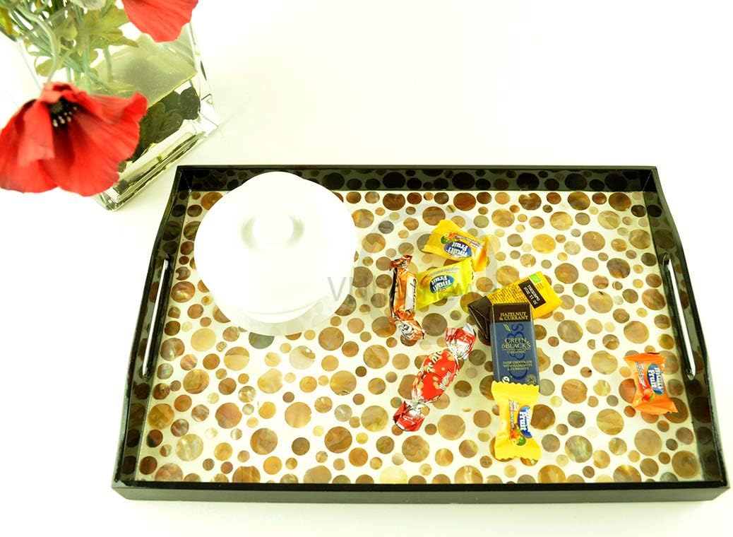 wooden tray handmade serving tray platter rectangular wood tray lacquer inlaid with mother of pearl sea shell fine quality decorative small size brown black H062S