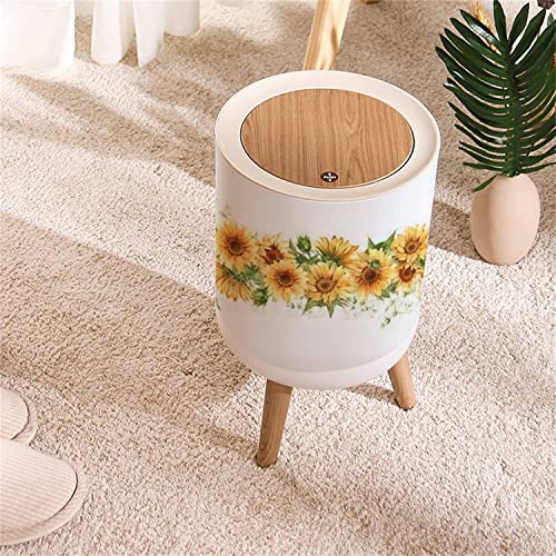 Image of Small Trash Can with Lid Sunflower seamless Watercolor horizontal border Yellow rural flowers Round Recycle Bin Press Top Dog Proof Wastebasket for Kitchen Bathroom Bedroom Office 7L /1.8 Gallon