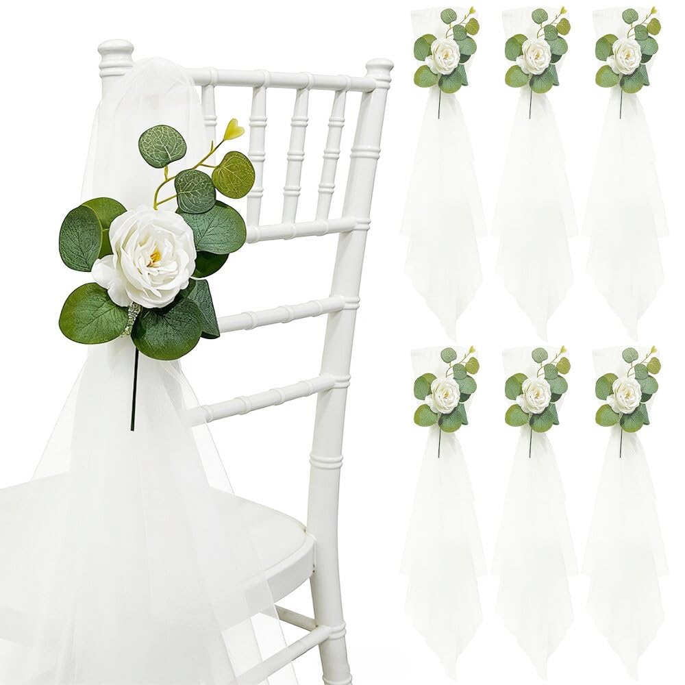 Ccuuhj White Wedding Aisle Decorations For Ceremony Set Of 6,Chair Pew Flowers Church Decorations With Artificial Roses Flowers Eucalyptus Stem Rhinestone For Party Bench Pew Aisle Decor (White)