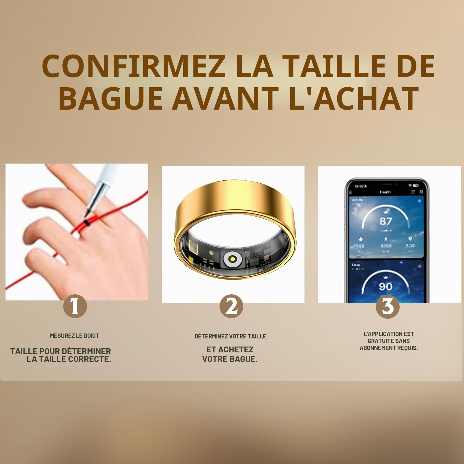 Bague Connectée Smart Ring pour Femme et Homme, Tracker Fitness avec Moniteur Fréquence Cardiaque, Sommeil, 100+ Sports, Podomètre, Étanche IP68, Sans Abonnement pour iOS and Android (Doré, 8)