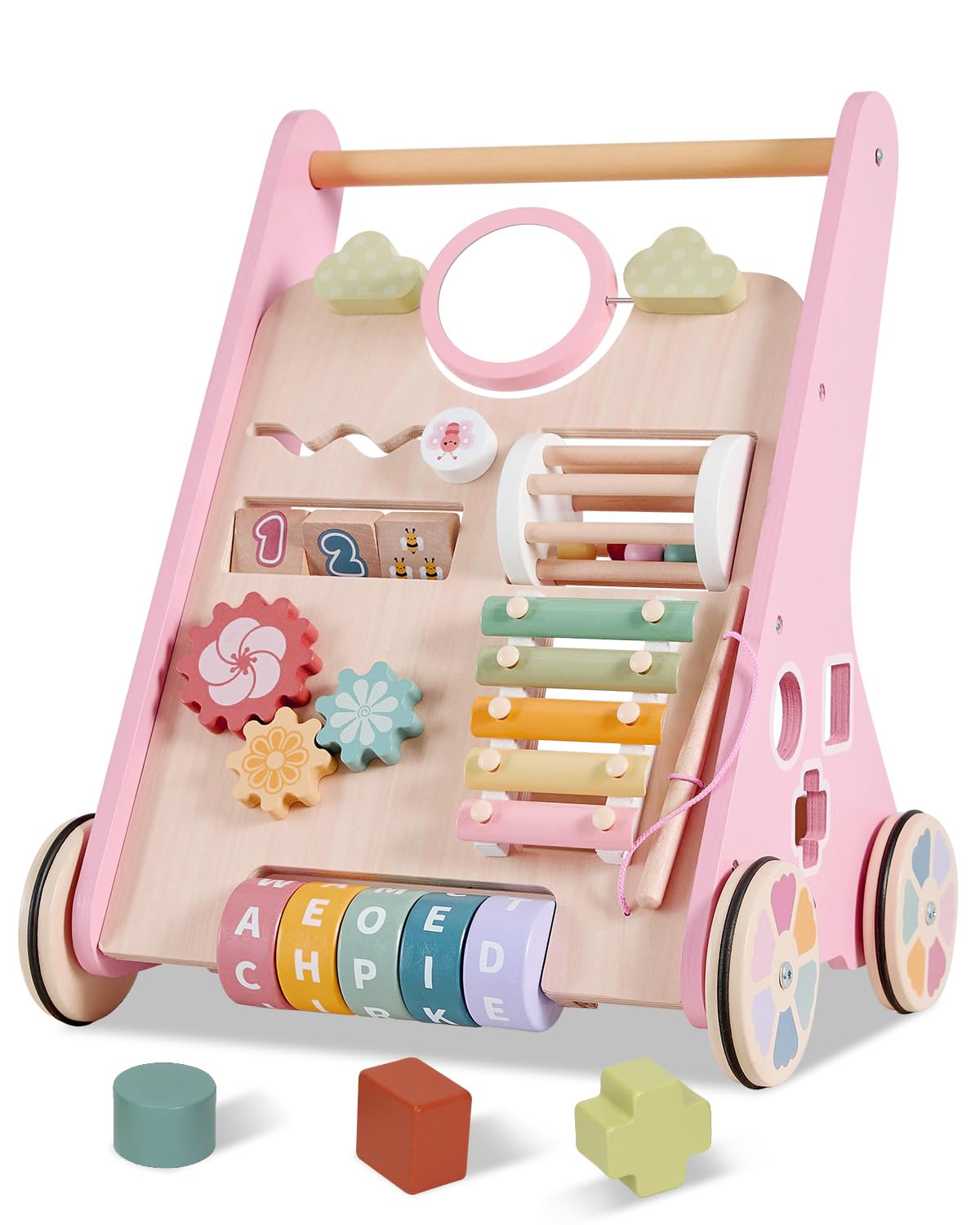 Wooden Baby Walker Wheels,Baby Push Walker for Babies 10 Months+ Montessori,Toddler Walker Push Toy Wooden Activity Walker for Boy,Walking Toys 12