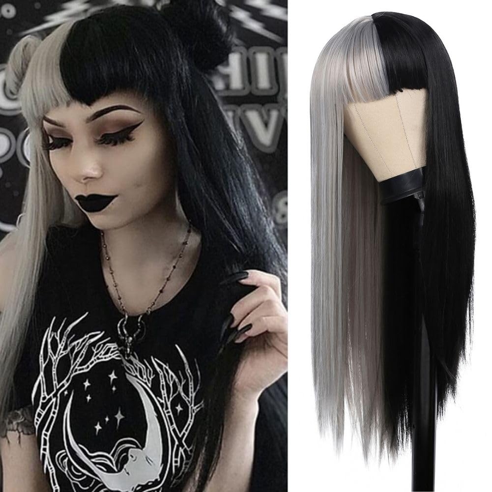 Halb Grau Halb Schwarz Lange Perücken für Frauen Gerade Goth Haar Perücke mit Bangs Hitzebeständige Faser Cosplay Halloween Perücke