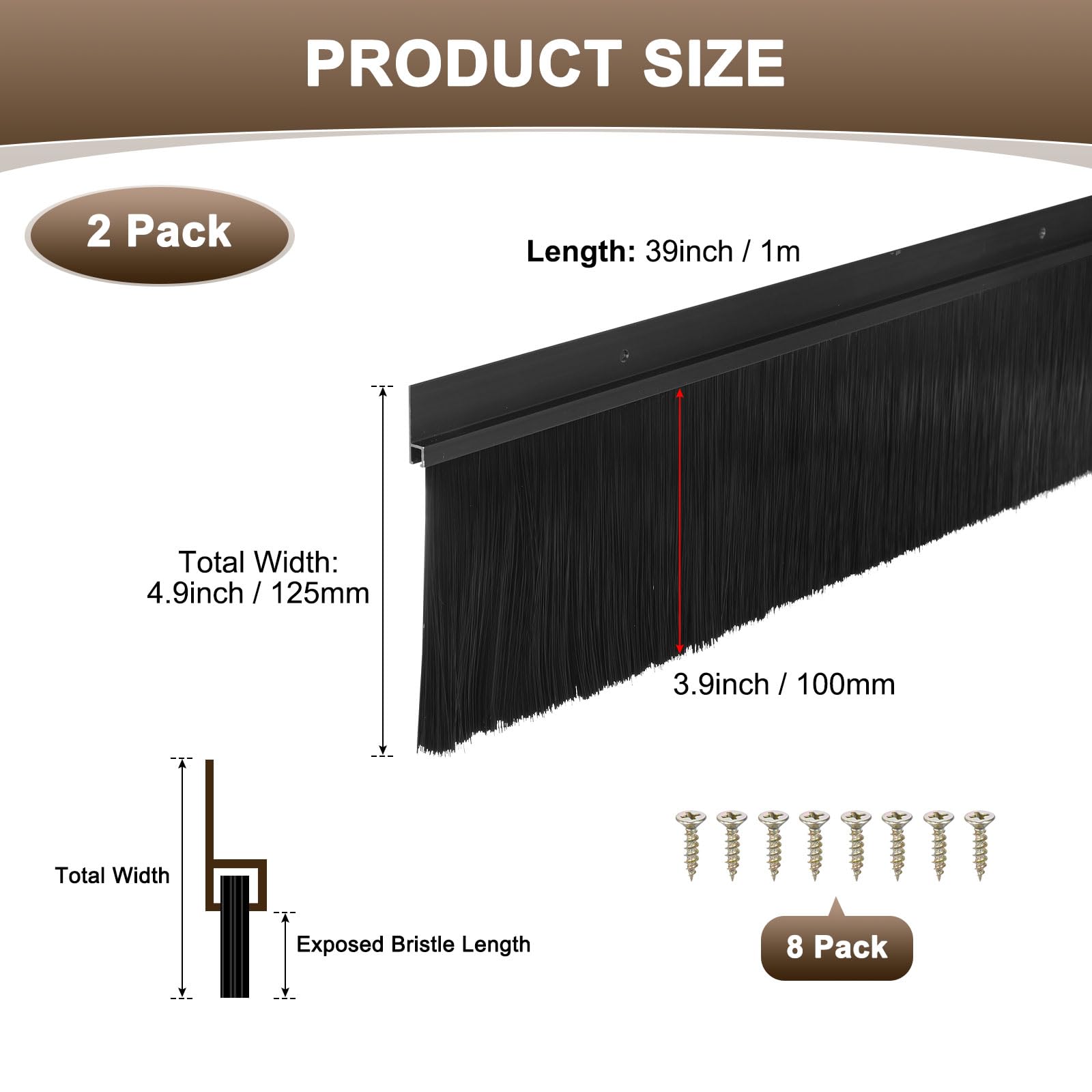 M METERXITY Juego De 2 Escobillas Para La Parte Inferior De La Puerta 39" L X 4.9" W Base De Aleación De Aluminio En Forma De H Con Cerdas De Nylon De 3.9" [Negro]