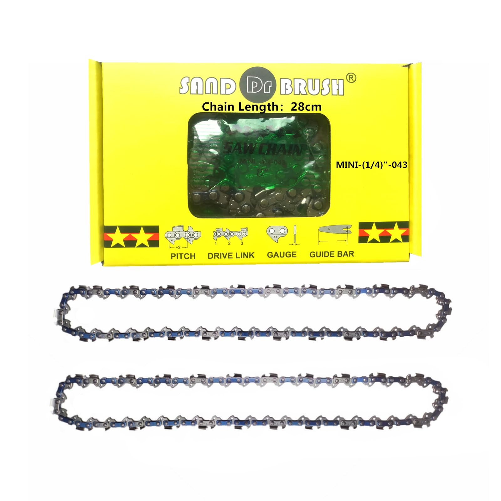 8 Inch Mini Chainsaw Replacement Chain 2pcs, 1.1mm (0.043 Inch) Gauge, 1/4 Inch LP, 45 Drive Links, Chain Length 28 cm Fit for Battery Handheld Chainsaws, Garden/Orchard/Farm Use