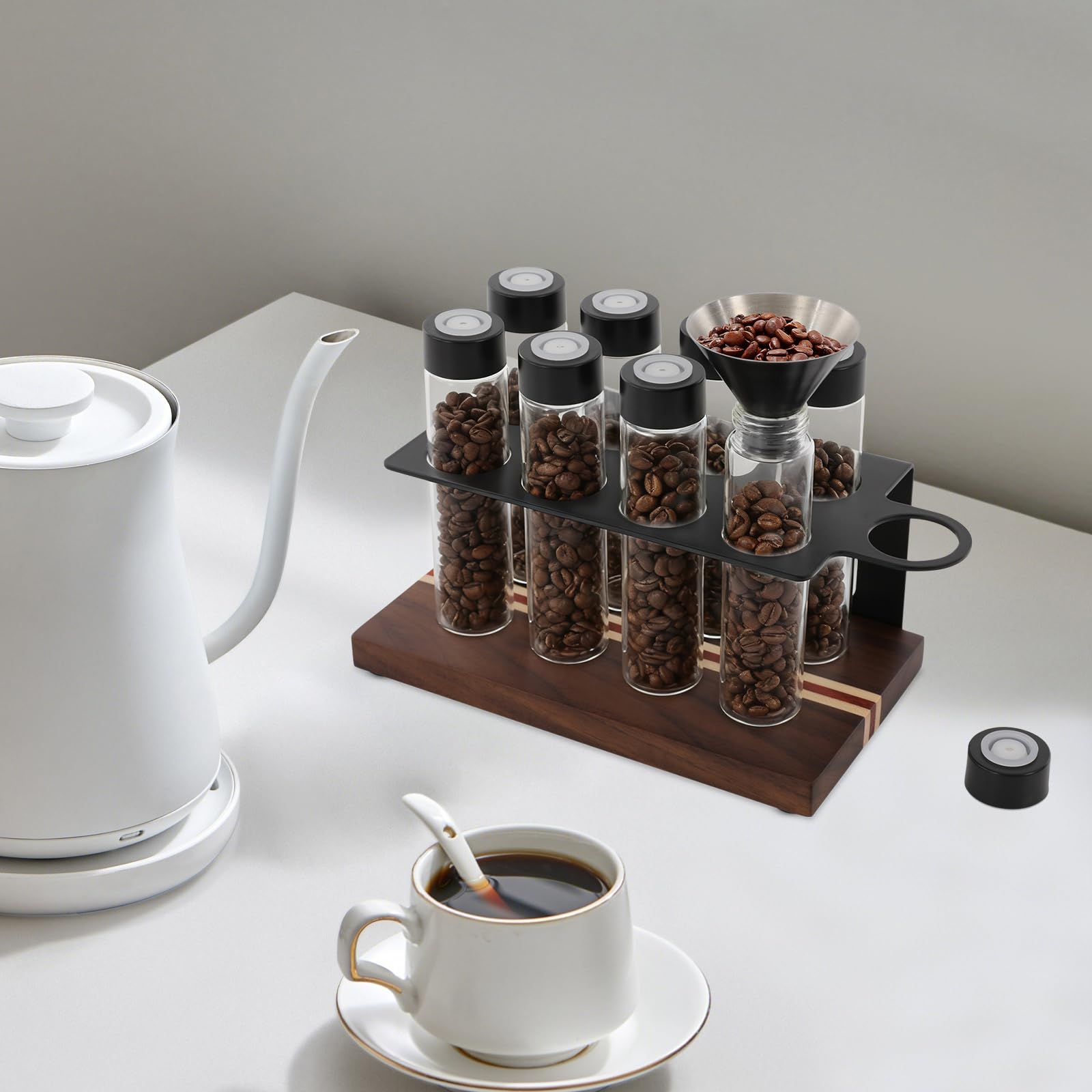 Pojemnik na 8 tubek ziaren kawy, pojedyncza dawka ze stojakiem i lejkiem, pojemnik do przechowywania ziaren espresso, jednorazowy zawór wylotowy, pojemność 18-22 g, czarny