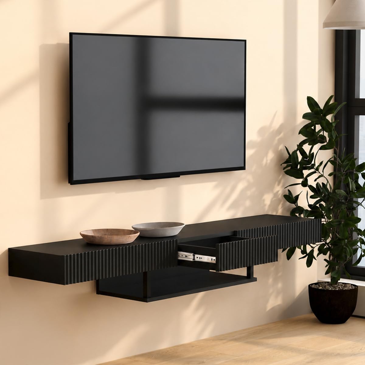 MB Muebles Bonitos | Mueble TV Colgante 150cm | Color Roble Alba | Renzo | Para Salón y Comedor Moderno, 1 cajón, Estructura Melamina Mate, 150x30x22cm