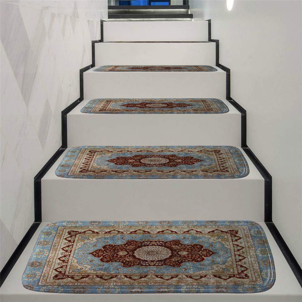 JLCPBlue European Style Stair Pads, 5/6/7/13/15PCS Self-Adhesive Stair Treads Carpet Outdoor&Indoor Non-Slip Step Area Rugs 70X22cm,13pcs