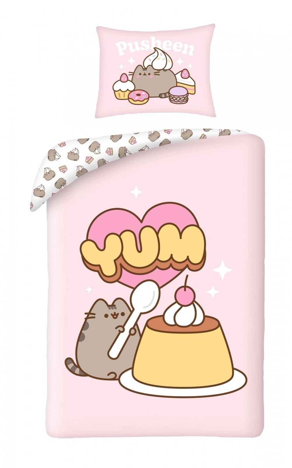 Halantex Reversible Cat Bed Set Pusheen Yum Pudding Sweet Shop – Single Bed 2 Pieces Duvet Cover 140 x 200 cm and Pillowcase 70 x 90 cm – 100% Cotton Ökö-Tex Standard 100