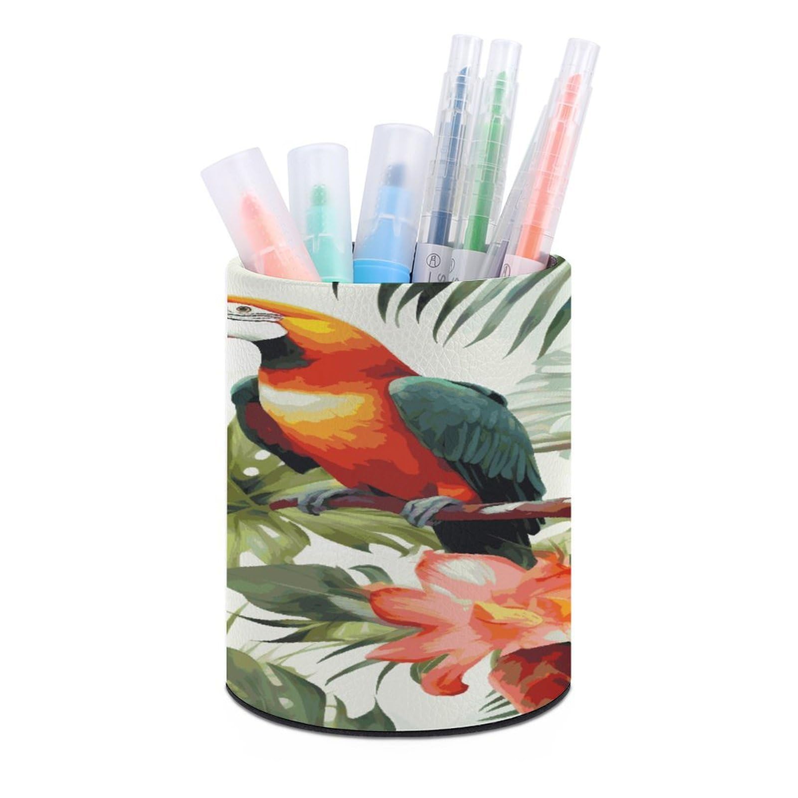 JTREHY Toucans Parrot Palm Tree Leaves Pen Holder Round Pen Pencil Holder Makeup Brush Holders Cup PU Leather Pencil Cups Desktop Caddy Stationery Organizer Case Office Accessories Container Box