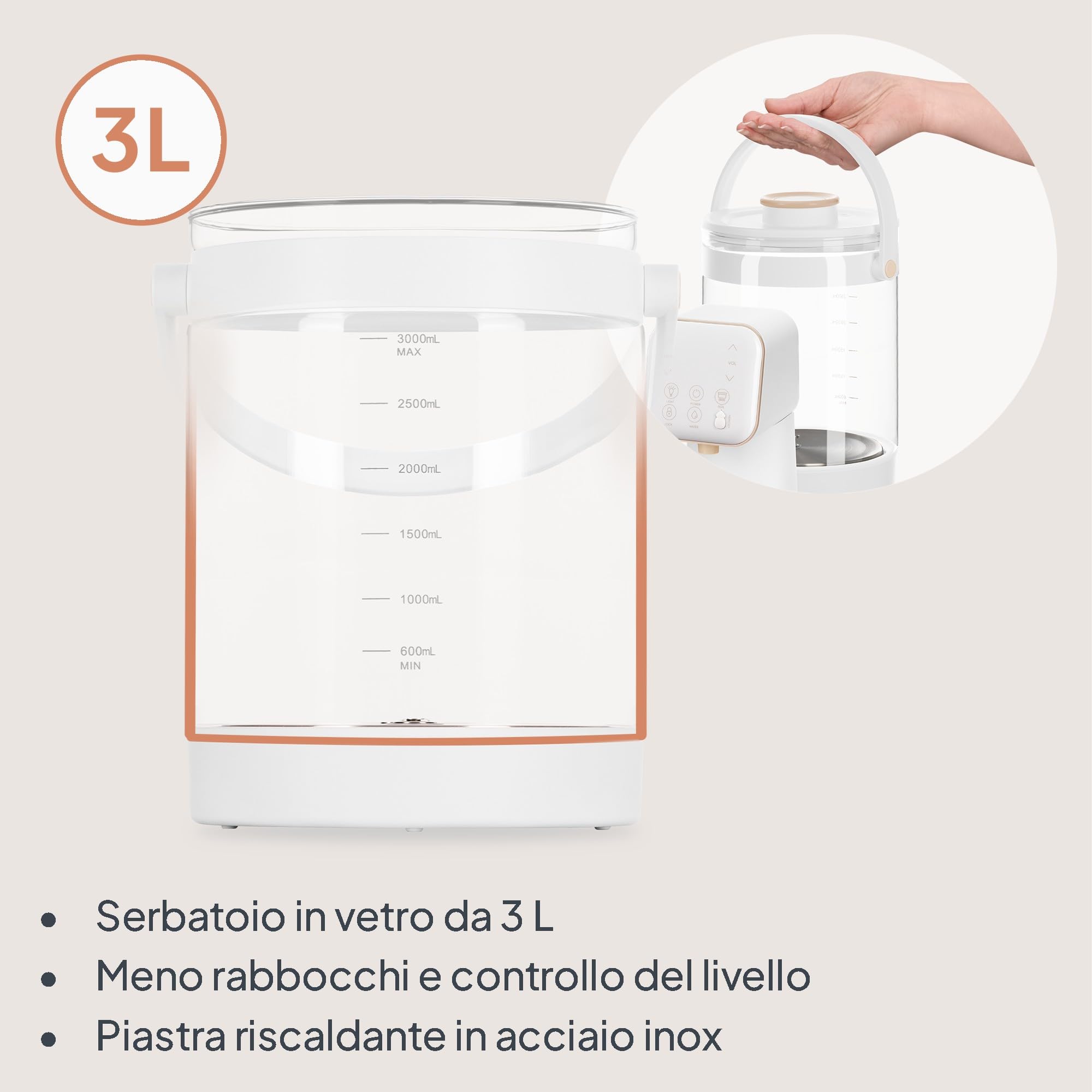 Lionelo BABYPRESTO 2.0 Preparatore Istantaneo di Latte in polvere con Temperatura Regolabile 40-100°C, Dosaggio Automatico 30-300 ml, Formula Scaldabiberon, Dispenser Acqua 3L, Declorazione, Igiene UV