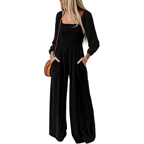 Dokotoo Women's Casual Loose Overalls Jumpsuits One Piece Long Sleeve Wide Leg Long Pant Rompers With Pockets